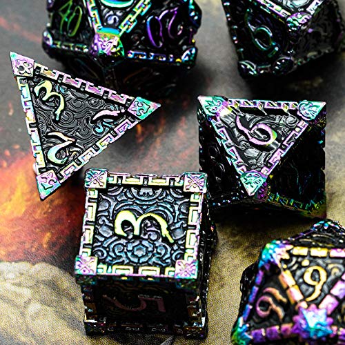 Cusdie 7 Pcs Metal DND Dice with Metal Box, Dagger Design Polyhedral Dice Set, for Role Playing Game D&D Dice (Colorful Black) - color: Colorful Black