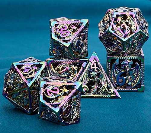 ARUOHHA Hollow DND Metal Dice Set Rainbow Dragons D and D Dice, RPG Role Playing Games Dungeons Polyhedral Dice with Gift Box D20 D12 D10 D8 D6 D4 - color: Colorful