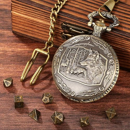 Wolf Pocket Watch Dice Set with Leather Bag, DND Starter Set, Mini Dice Kit - color: Wolf Dice Set