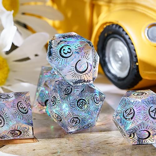Cusdie Sharp Edges DND Dice, 7 PCs Moon Dice Set D&D Dice, Handcrafted Polyhedral Dice Set, for Role Playing Game Pathfinder(Moon/Black) - color: Moon Pattern-transparent Black