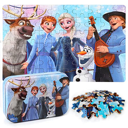 MZZOTOY Puzzles for Kids Ages 4-8, 60 Pieces Puzzles for Kids Ages 3-5 in a Metal Box Girls and Boys Learning Educational Jigsaw Puzzle Toys Gifts - color: B-frozen