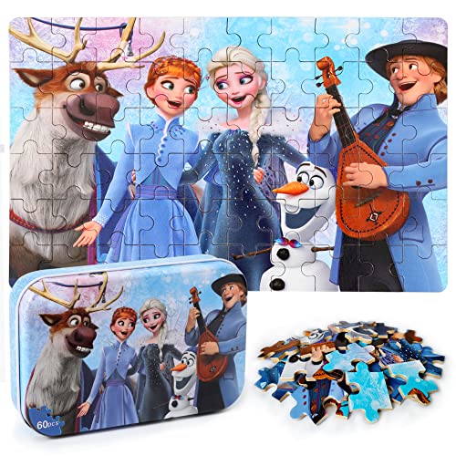 MZZOTOY Puzzles for Kids Ages 4-8, 60 Pieces Puzzles for Kids Ages 3-5 in a Metal Box Girls and Boys Learning Educational Jigsaw Puzzle Toys Gifts - color: B-frozen