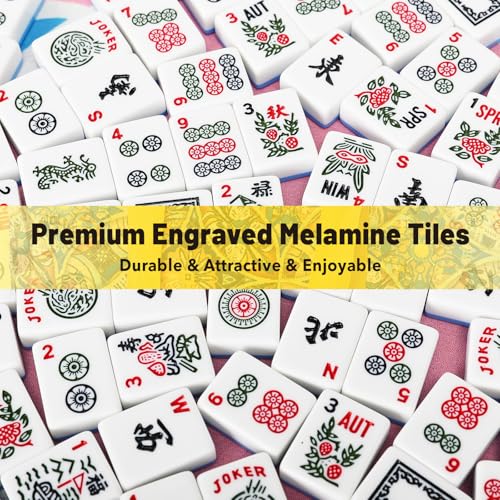 American Mahjong Tile Set with Yellow Printed Carrying Bag, 166 Blue Tiles, 4 All-in-One Color Racks/Pushers, Mah Jongg Sets, Mahjong Game Set for Travel, Christmas, Birthday Gifts - color: Yellow（blue Tiles）