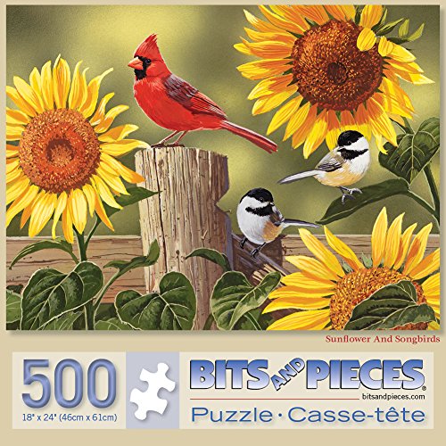 Bits and Pieces – Sunflower and Songbirds Jigsaw Puzzle by William Vanderdasson – 50, 100, 200 (15"x19"), 500 (18"x24"), 1000 Piece (20"x27") – Colorful Garden Birds for Adults (500 Piece Puzzle) - size: 500 Piece Puzzle