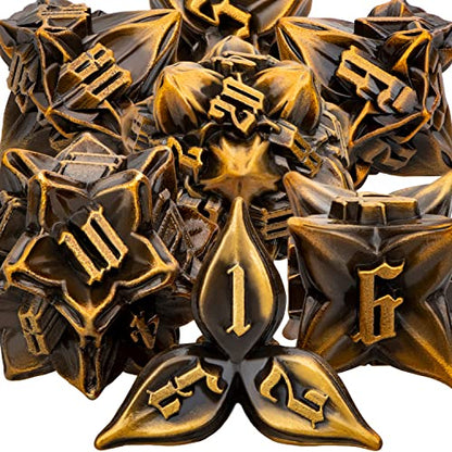 ARUOHHA DND Metal Dice Set Ancient Gold Leaf Design Polyhedral Dice with Box, 7PCS D and D Dice RPG Role Playing Games D20 D12 D10 D8 D6 - color: Leaves- Ancient Gold