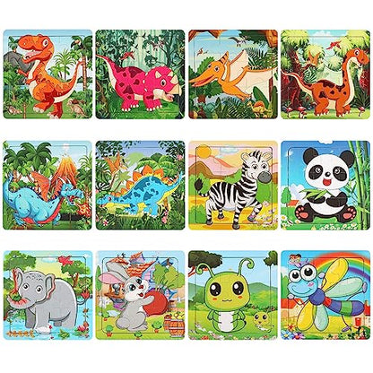 SANNIX 12 Pack Dinosaurs Animals Jigsaw Puzzles with 12 Organize Bags | Wooden Dinosaurs Toddlers Puzzles, for Kids Ages 3-6, Party Favors Educational Learning, Travel Toys for Boys and Girls - style: Dinosaurs + Animals