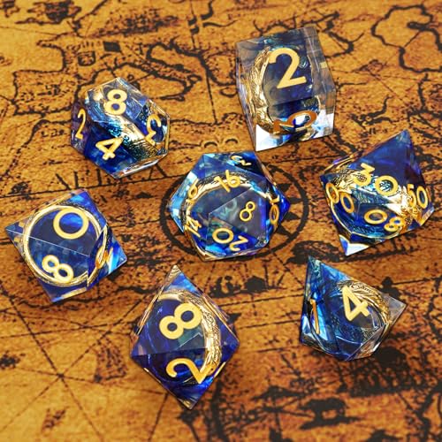 Golden Ring DND Dice Set, 7pcs D&D Polyhedral Sharp Edge Resin Dice with Box, Rings Dice Set for Role Playing Dungeons and Dragons, Playing Games for D and D MTG RPG Table Game Gifts (Blue) - color: Ring Blue, style: Ring