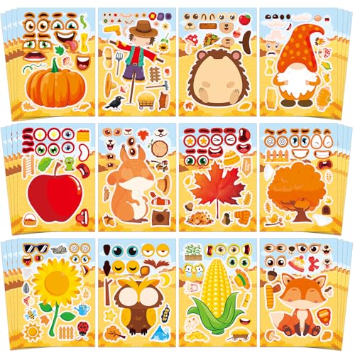 Aowplc 48 Sheets Fall Make a Face Stickers, 12 Designs Fun Fall Crafts for Kids, Autumn Festival Party Favors, Classroom Activities & Games - style: Fall Harvest