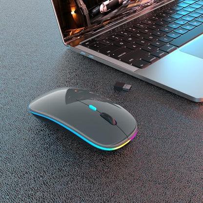 AIKOKOK Wireless Bluetooth Mouse, Rechargeable Dual Mode Mouse, Grey | BT 5.2 & 2.4G USB Receiver, 3 Adjustable DPI,LED Lights,Slim,Silent,Portable Computer Mouse for Laptop,PC,MacBook,iPad,Tablet - color: Grey