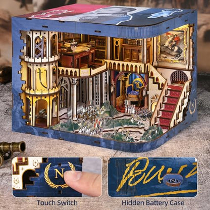MiniCity Napoleon DIY Book Nook Kit, Wooden 3D Bookshelf Insert with LED | 7.1 x 9.1 x 7.1 in; 570 pieces, LED and dust cover; glue/tools and guide included; 8-10 hr DIY build for display, ages 14+. - style: Napoléon