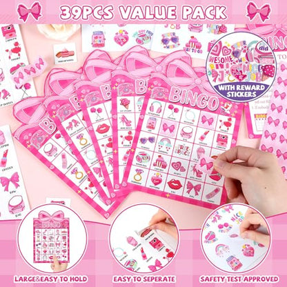 39 Pcs Pink Bow Party Bingo Game for Adults Kids 24 Players Pink Girls Party Bingo Game Cards with Reward Stickers for Family Friends Large Group Gathering Bachelorette Princess Doll Party Favors - style: Pink Girls