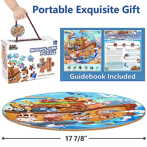 iPlay, iLearn Toddlers Noah's-Ark Wooden Animal Puzzles, Kids Floor Puzzles for Ages 3-5, 4-8, Large 51 Pieces Round Jigsaw Puzzle Educational Toys, Birthday Gift for 6 7 Years Old Boys Girls Children