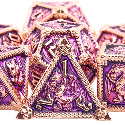 AUSTOR 7-Die Metal DND Dice Set Dungeons and Dragons Polyhedral Roll Playing Dice with Box D20 D12 D10 D% D8 D6 D4 for Pathfinder MTG RPG Board Games - color: Violet With Gold Edge