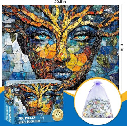 500 Piece Puzzles for Adults, Mosaic Tree Faced Woman Jigsaw Puzzles, Stained Glass Art Puzzle, Birthday for Men, Women, and Seniors, Fun and Challenging Puzzle, 20.5x15 in - style: Colorful Mosaic