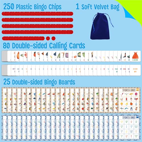 SpriteGru Spanish Bingo Game, 25 Bingo Board Spanish & English Vocabulary Word Game Bilingual Educational Toys for Language Learning - Ages 5 and up (Up to 25 Players) - style: 25 Pcs Spanish Bingo Game