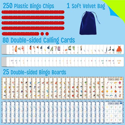SpriteGru Spanish Bingo Game, 25 Bingo Board Spanish & English Vocabulary Word Game Bilingual Educational Toys for Language Learning - Ages 5 and up (Up to 25 Players) - style: 25 Pcs Spanish Bingo Game