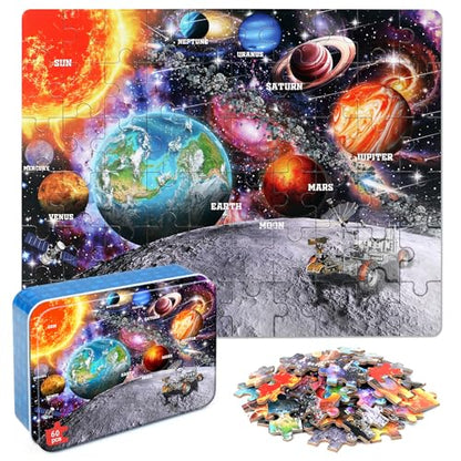 Puzzles for Kids Ages 4-6, 60 Piece Puzzles for Kids Ages 3-5 in Metal Box | Educational Space Jigsaw Puzzles Kids Puzzles,Childrens Puzzle Games Puzzle Toys for Girls and Boys - color: Space