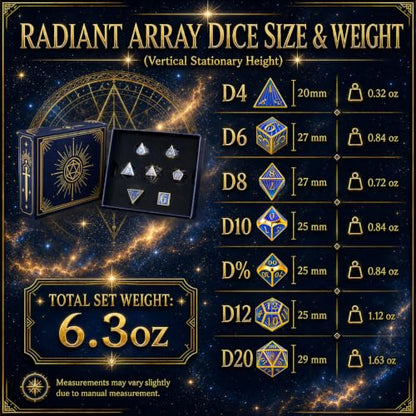 Radiant Array Metal DND Dice Set, 7-Piece RPG Dice | Solid zinc alloy dice with weighty feel, raised numbers, blue gold cosmic design, and a collector box for RPG play. - color: Blue