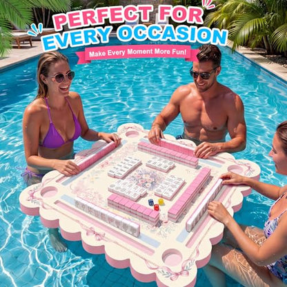 Thenshop 2-in-1 Floating Mahjong Set, 30x30 Inch Large Game Table for Pool & 160 Classic Art Mahjong Tiles with Storage Bag and 6 Dice, Hot Tub Float Board for Card Games Adults Summer Party Supplies