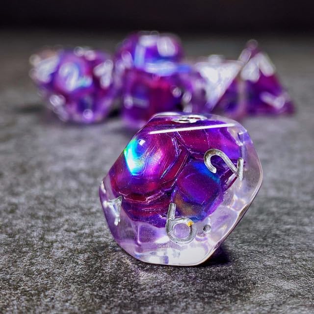 Sage’s Portal Cantrips DND Dice Set - Round Edge Resin 7-PC Polyhedral DND Dice Set for Dungeons and Dragons D&D RPG Tabletop TTRPG (Purple Holo Flakes) - color: Purple Holo Flakes