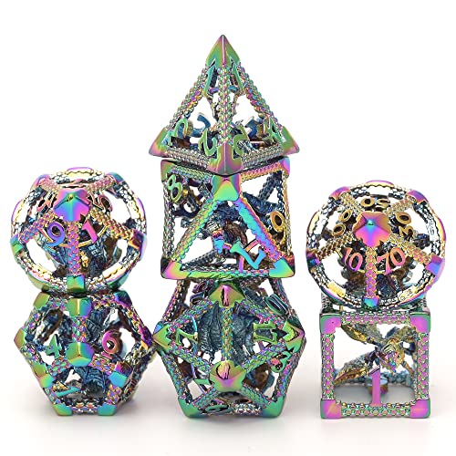 Hollow DND Dice Set, Metal Dice Premium 7-Die Polyhedral Dice Set for Dungeons Dragons D&D, RPGs, MTG, and Board Games (3D Dragon Rainbow White Number) - color: 3d Dragon Rainbow White Number