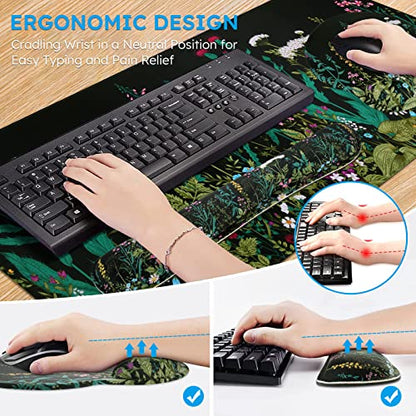 iCasso Large Mouse Pad, Mouse Pad Wrist Support Set,4in1 XXL Large Mousepad + Keyboard Wrist Rest+Mouse Wrist Rest+Coaster Set with Ergonomic Design for Home Office Table Computer-Weeds - color: Weeds