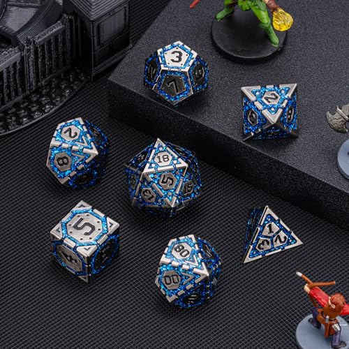 DND Metal Dice Set, Polyhedral Dice Set for RPG D&D Dice with Cracks Dungeons and Dragons Dice Set for RPG TTRPG D&D Die with Gift Case(Antique Nickel Blue) - color: Antique Nickel Blue-1