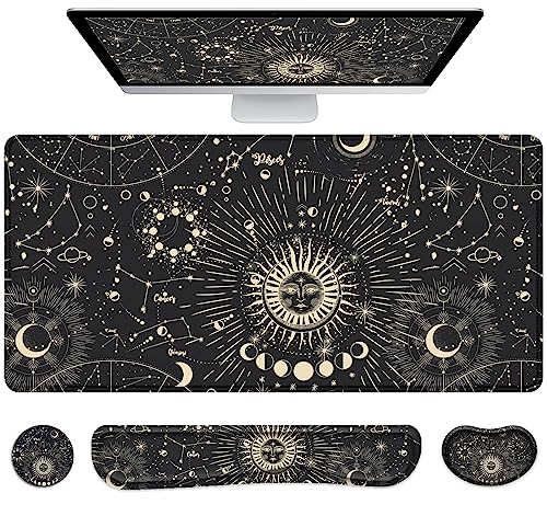 Large Mouse Pad with Wrist Rest, 4-in-1 Wrist Rest for Keyboard and Mouse | Non-Slip Waterproof Desk Mat Set, 35.4"x15.7" Desk Mat+Keyboard Wrist Rest+Mouse Wrist Support+Cup Coaster for Home Office - color: 4Pcs-Sun