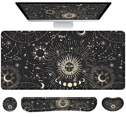 Large Mouse Pad with Wrist Rest, 4-in-1 Wrist Rest for Keyboard and Mouse | Non-Slip Waterproof Desk Mat Set, 35.4"x15.7" Desk Mat+Keyboard Wrist Rest+Mouse Wrist Support+Cup Coaster for Home Office - color: 4Pcs-Sun