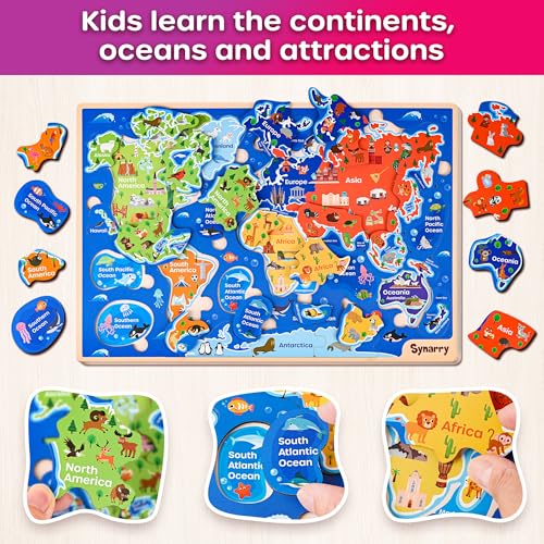 SYNARRY Large USA World Solar System Wooden Puzzles for Kids Ages 4-6, Wood Jigsaw Puzzles Educational Games Toys Gifts for Toddlers, Learning United States World Space Maps for Boys Girls Ages 3-8 - style: USA World Solar System