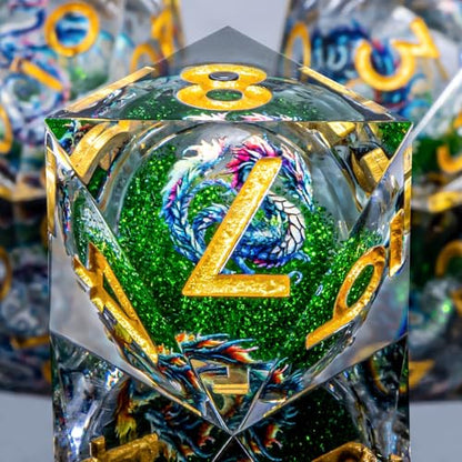 Roycevon Dragon Pattern Liquid Core DND Dice Set, 7Pcs Sharp Edge D&D Dice with Gift Box, Green Resin Dungeons Dragons D and D Role Playing Dice D20 D12 D10 D8 D6 D4 - color: Green Gold