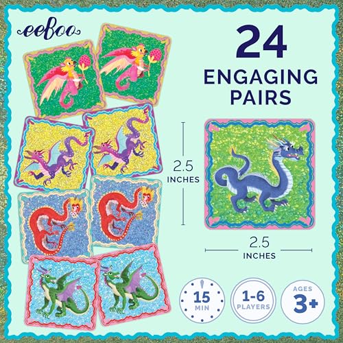 eeBoo Shiny Dragons Memory & Matching Game, Ages 3+, 1-4 Players | Introduces mythical dragons. Sharpens recognition, concentration & memory skills. Includes 48 foil tiles, 24 pairs - style: Shiny Dragons