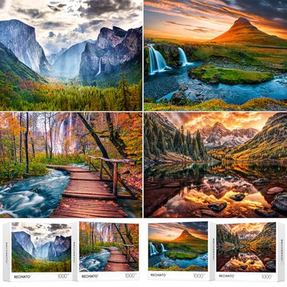 4 Pack 1000 Pieces of Jigsaw Puzzles for Adults, Nature Landscape Scene Challenging Puzzle Perfect for Family Activity Game Nights Gifts - color: Yosemite National Park & Sunset Over Kirkjufell in Iceland & Wooden Long Bridge in Plitvice National Park & M
