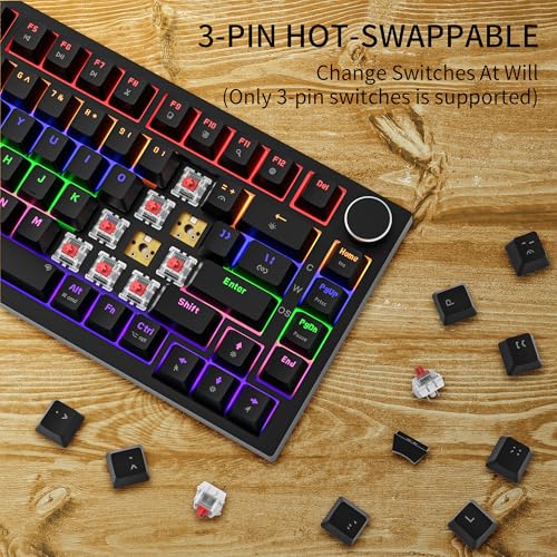 Newmen GM326 75% Percent Mechanical Keyboard,Wired Mini Backlit Hot Swappable Gaming Mechanical Keyboard with Knob,82 Keys Anti-Ghosting Compact Black Gaming Keyboards for PC Win Mac,Red Switch - color: Black