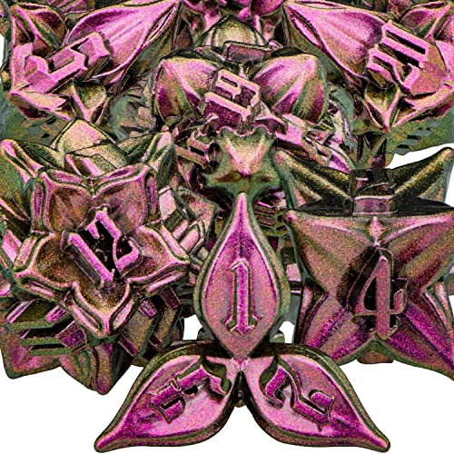 ARUOHHA DND Metal Dice Set Purple Red Leaf Design Polyhedral Dice with Box, 7PCS D and D Dice RPG Role Playing Games D20 D12 D10 D8 D6 - color: Purple Yellow