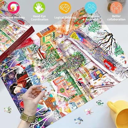 HUADADA Puzzles for Adults 1000 Pieces-Christmas Town | Eco matte oil print, eye strain relief, tight puzzle piece fit, vibrant colours,gifts for men women - color: Christmas Town
