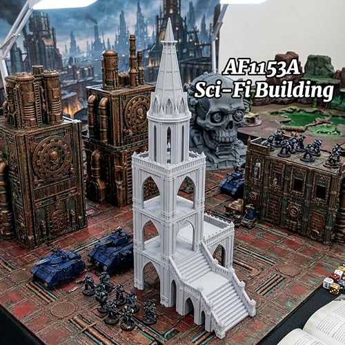 AUSPDICE Sci-Fi Buildings 25mm Gothic Spire Tower, Wargame Terrain | 1:64 Scale Unpainted Multi-Tier Tower with Open Balconies and Stairs for Sci-Fi TTRPGs, Wargames and Dioramas - AF1153A
