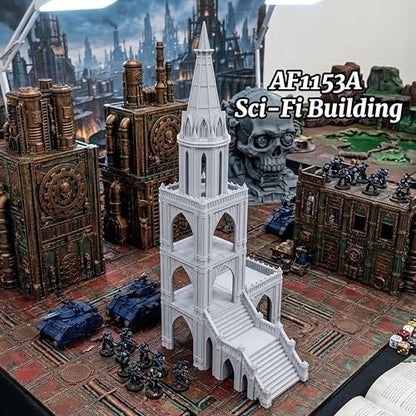 AUSPDICE Sci-Fi Buildings 25mm Gothic Spire Tower, Wargame Terrain | 1:64 Scale Unpainted Multi-Tier Tower with Open Balconies and Stairs for Sci-Fi TTRPGs, Wargames and Dioramas - AF1153A