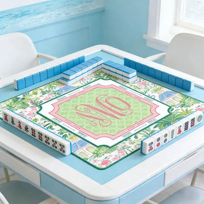 Personalized Palm Beach Chic Mahjong Mat, Custom Monogram Neoprene Game Surface, Portable Travel Playing Mat with Non-Slip Rubber Backing