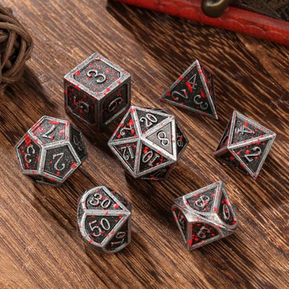 Metal Dice Set, 7pcs Polyhedral Metal DND Dice Set, DND Starter Set, D&D Gifts with Gift Box, Role Playing Board Games Accessories, Bloodstained Silver - color: Bloodstained Silver + Gift Box