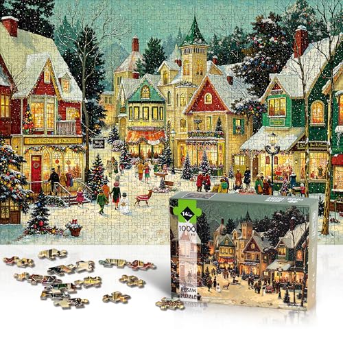 Christmas Puzzles 1000 Pieces, Winter Snow Town Puzzle for Adults | Festive Village Snowy Night Jigsaw Puzzle, Hard Puzzles with Letters on Back, Holiday Family Game Night Gift, 1:1 Poster - color: Christmas Town