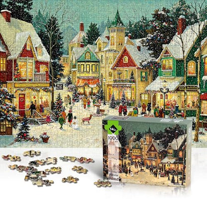 Christmas Puzzles 1000 Pieces, Winter Snow Town Puzzle for Adults | Festive Village Snowy Night Jigsaw Puzzle, Hard Puzzles with Letters on Back, Holiday Family Game Night Gift, 1:1 Poster - color: Christmas Town