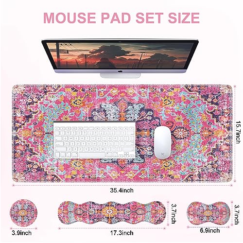 iLeadon Desk Mat Set,Boho Retro Art Mouse Pad with Wrist Rest | Mouse Pad Wrist Rest and Keyboard Wrist Rest Set,Large Mouse Pad,Coaster, 4in1 Rug Large Gaming Mouse Pad Set for Home Office - color: Boho Retro Art