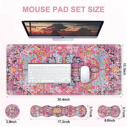 iLeadon Desk Mat Set,Boho Retro Art Mouse Pad with Wrist Rest | Mouse Pad Wrist Rest and Keyboard Wrist Rest Set,Large Mouse Pad,Coaster, 4in1 Rug Large Gaming Mouse Pad Set for Home Office - color: Boho Retro Art