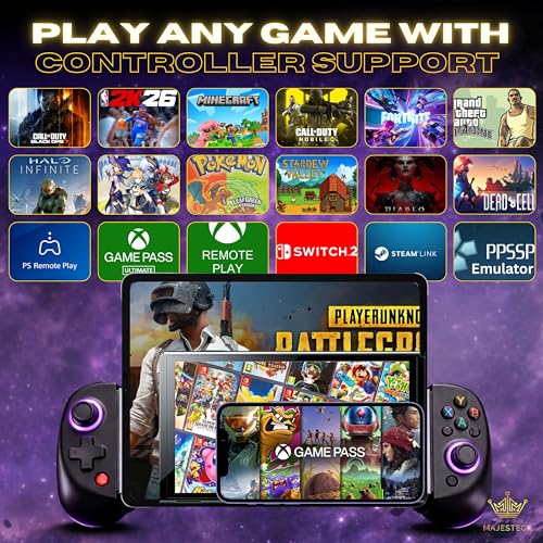 MAJESTECH NEW D8 Mobile Gaming Controller for iPhone/Android/iPad/Tablet, Play Xbox Cloud, Playstation Remote Play, Steam/PC, Switch! RGB Hall Joystick/Trigger Wireless Bluetooth Phone Game Controller