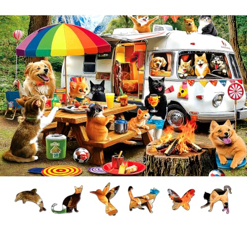 500 Piece Jigsaw Puzzles for Adults Funny Cats and Dogs Camping Adventure Adult Puzzles with Letters on Back Animal RV Campfire Scene Family Relax Puzzle for Seniors 23x15 Inch - color: Cats and Dogs