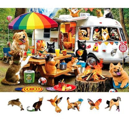 500 Piece Jigsaw Puzzles for Adults Funny Cats and Dogs Camping Adventure Adult Puzzles with Letters on Back Animal RV Campfire Scene Family Relax Puzzle for Seniors 23x15 Inch - color: Cats and Dogs