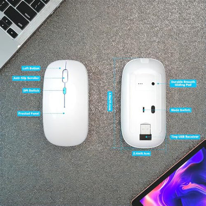 AIKOKOK Wireless Bluetooth Mouse, Rechargeable Dual Mode Mouse, Pearl White | BT 5.2 & 2.4G USB Receiver, 3 Adjustable DPI,LED Lights,Slim,Silent,Portable Computer Mouse for Laptop,PC,MacBook,iPad,Tablet - color: Pearl White