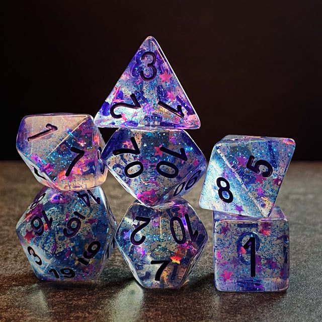 Sage’s Portal Cantrips DND Dice Set - Round Edge Resin 7-PC Polyhedral DND Dice Set for Dungeons and Dragons D&D RPG Tabletop TTRPG (Purple Stars) - color: Purple Stars