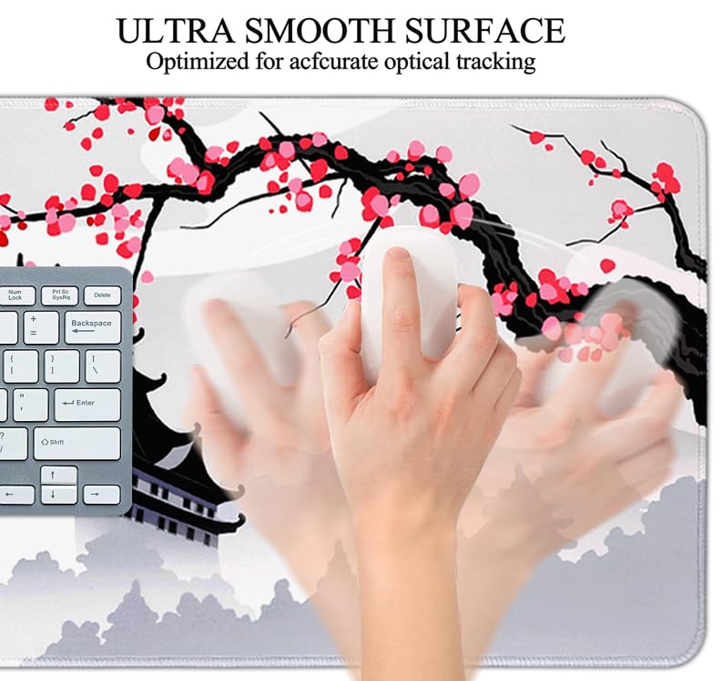 Japanese Cherry Blossom Gaming Mouse Pad 31.5x11.8in Pink Full Desk Japanese Sakura Gaming Mouse Pad Large Non-Slip Rubber Base Waterproof Big Keyboard Mat with Stitched Edges for Game Office - color: Japanese Cherry Blossom, size: 31.5" x 11.9"